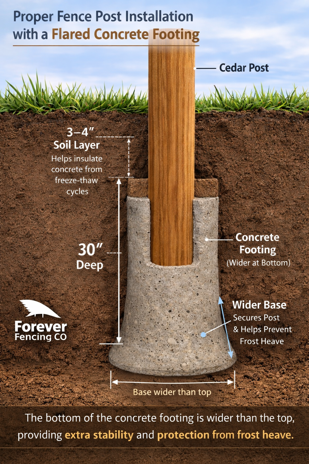 Example of a fence post installed 30 inches deep with a flared concrete footing in Colorado soil